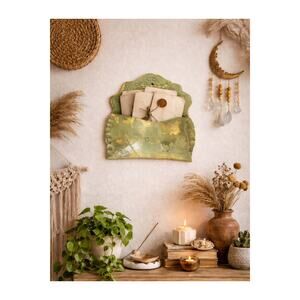 Embossed Ceramic Pottery Wall Pocket Handmade Decorative Green